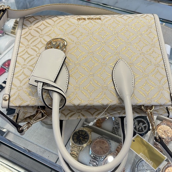 Michael Kors Mirella Small Metallic Logo Jacquard Crossbody Bag
Light Cream 
NWT - Picture 7 of 16